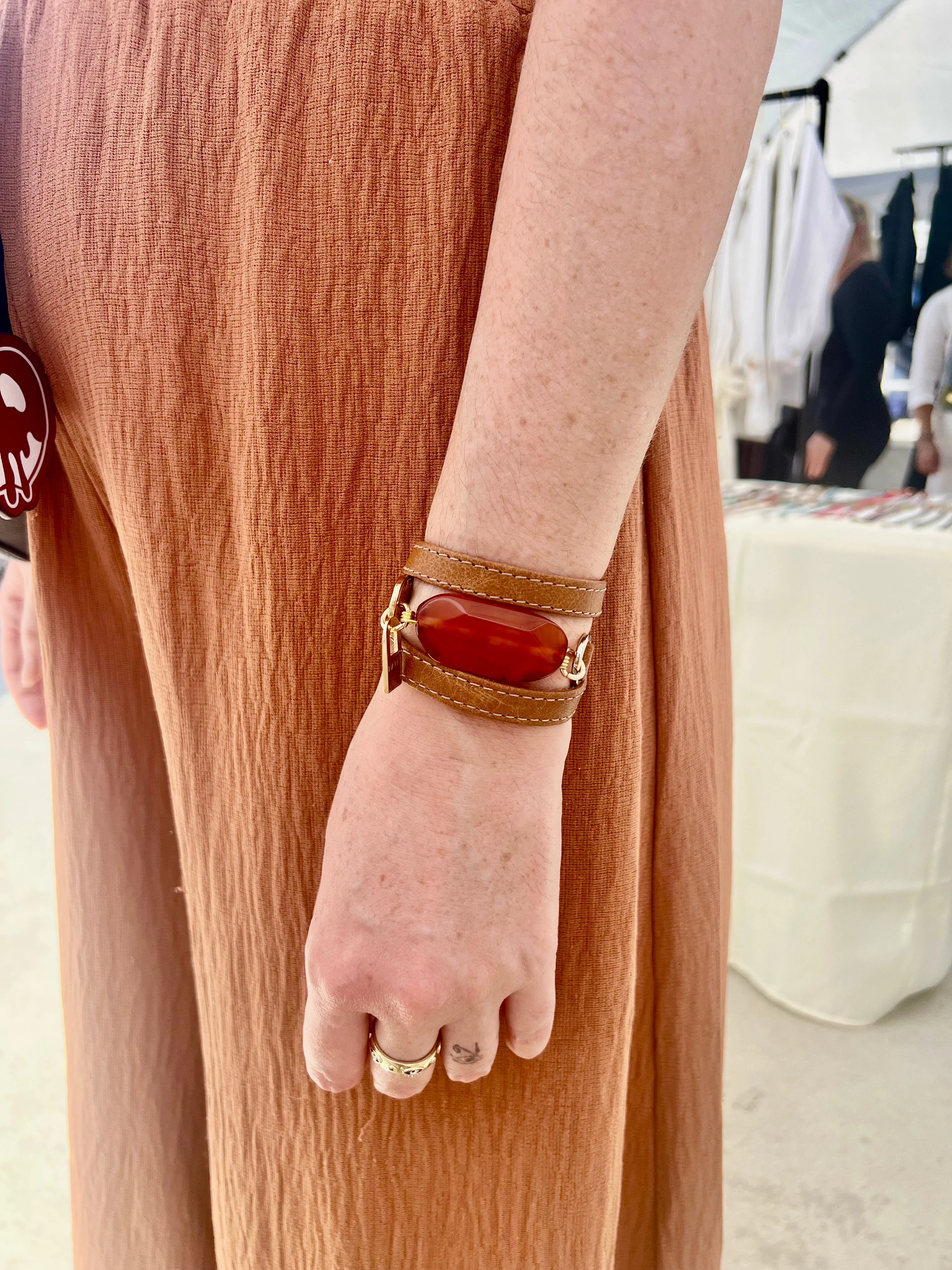 Triple Wrap Camel Leather Bracelet with Carnelian Stone