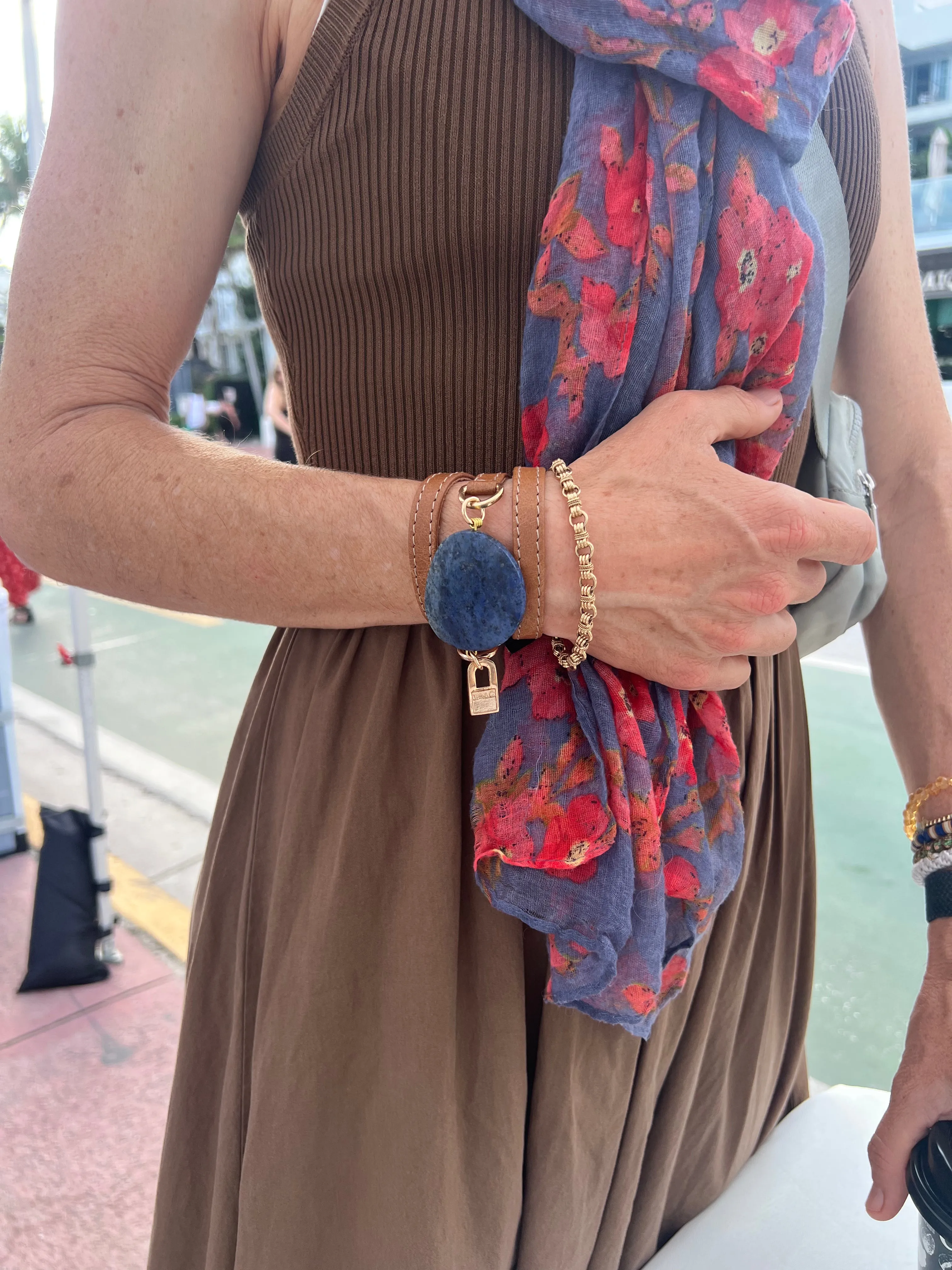 Triple Wrap Camel Leather Bracelet with Dark Blue Agathe Stone (Copy)