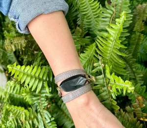 Triple Wrap Gray Leather Bracelet with Onyx Stone