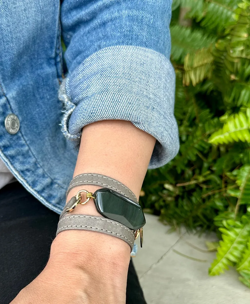 Triple Wrap Gray Leather Bracelet with Onyx Stone