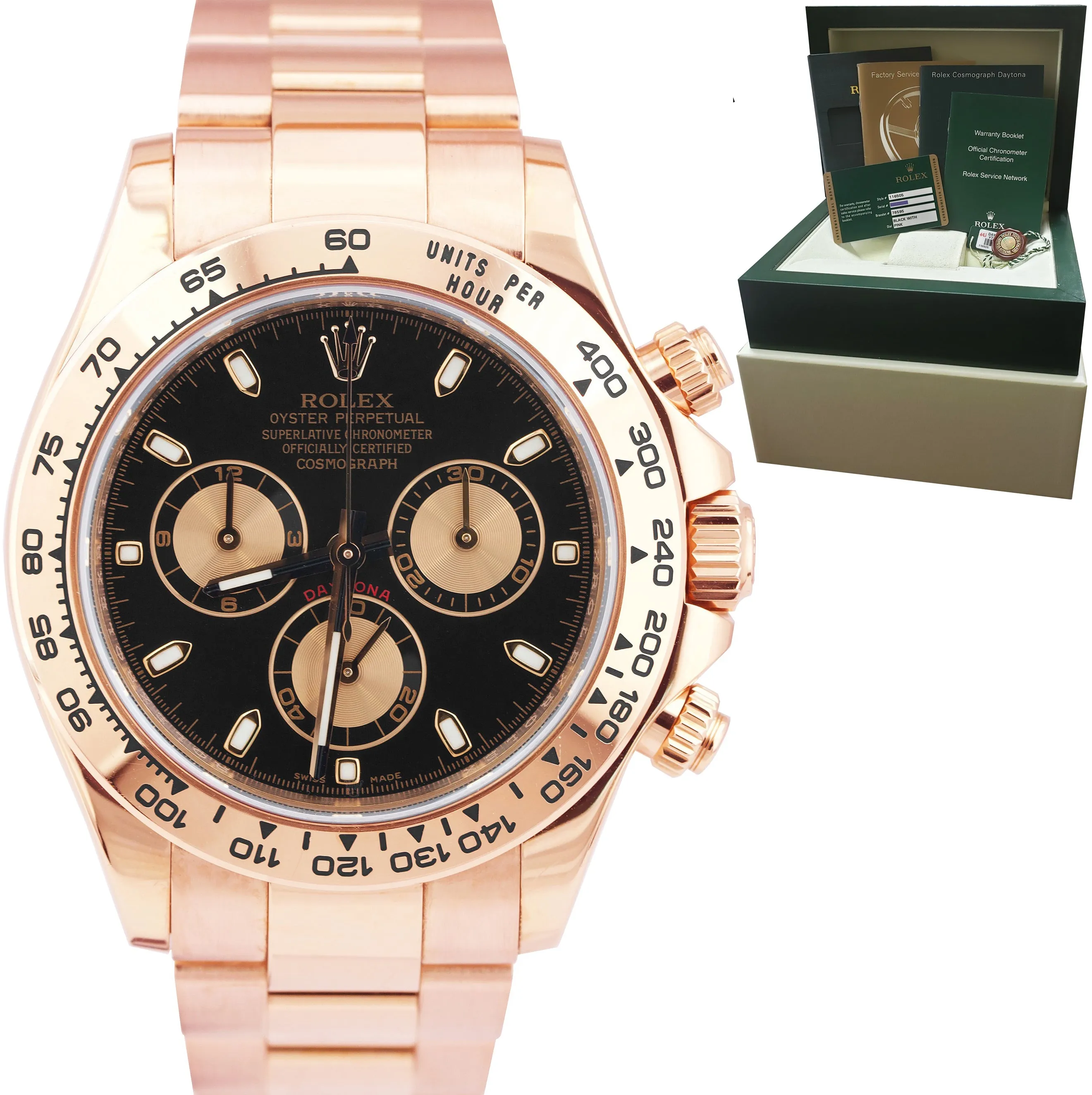 UNPOLISHED Rolex Daytona Cosmograph Black 40mm 18K Rose Gold Watch 116505 PAPERS