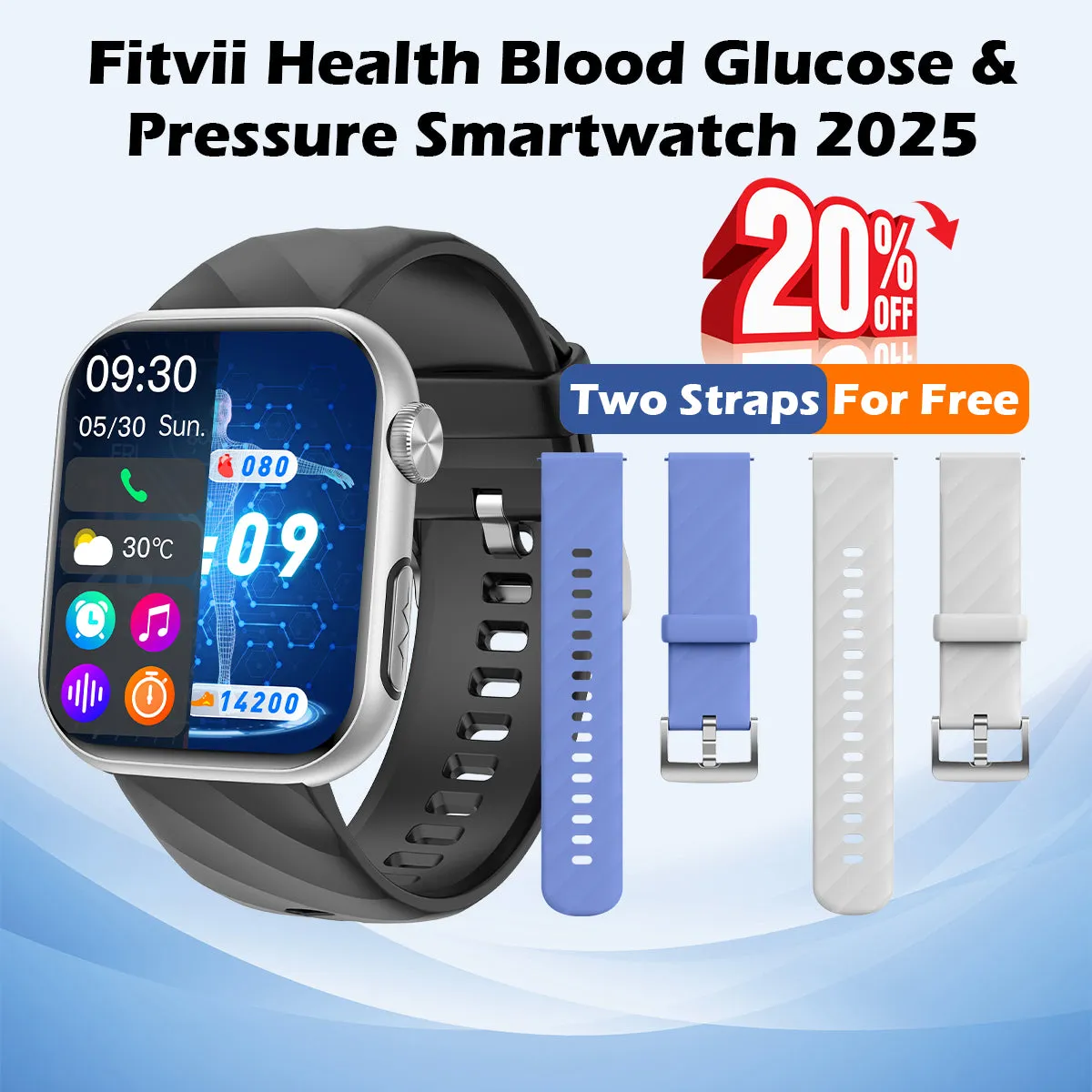Upgrade FitVII® GT5 PRO MAX Smartwatch with HR BP BG ECG SPO2 TEMP  Stress monitoring   Free Strap Gift🎁