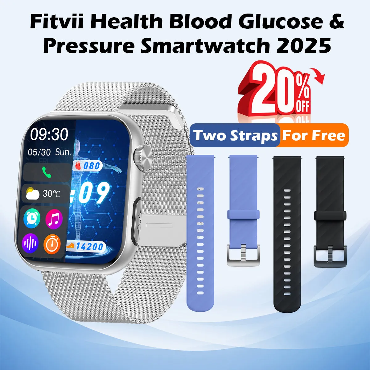 Upgrade FitVII® GT5 PRO MAX Smartwatch with HR BP BG ECG SPO2 TEMP  Stress monitoring   Free Strap Gift🎁