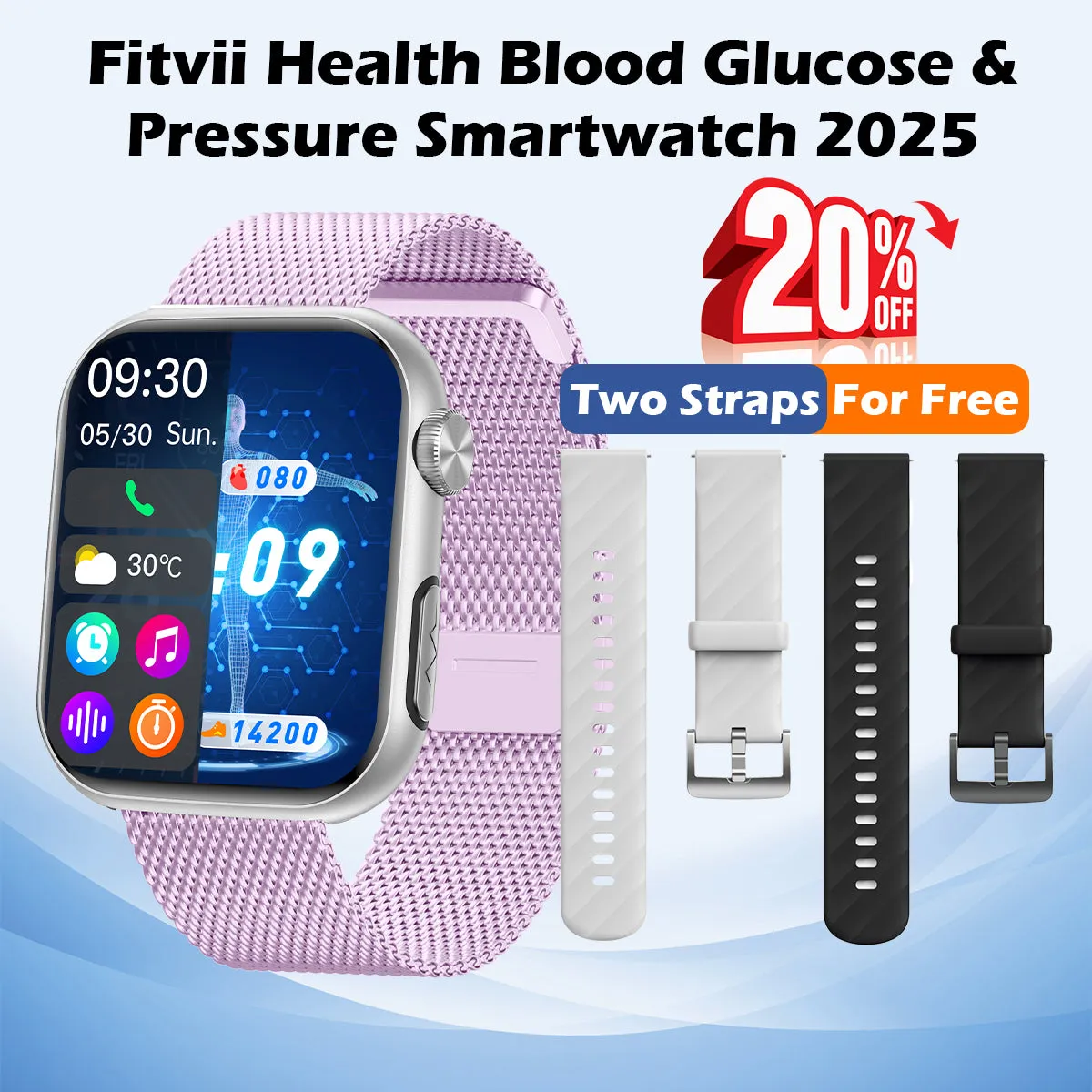 Upgrade FitVII® GT5 PRO MAX Smartwatch with HR BP BG ECG SPO2 TEMP  Stress monitoring   Free Strap Gift🎁