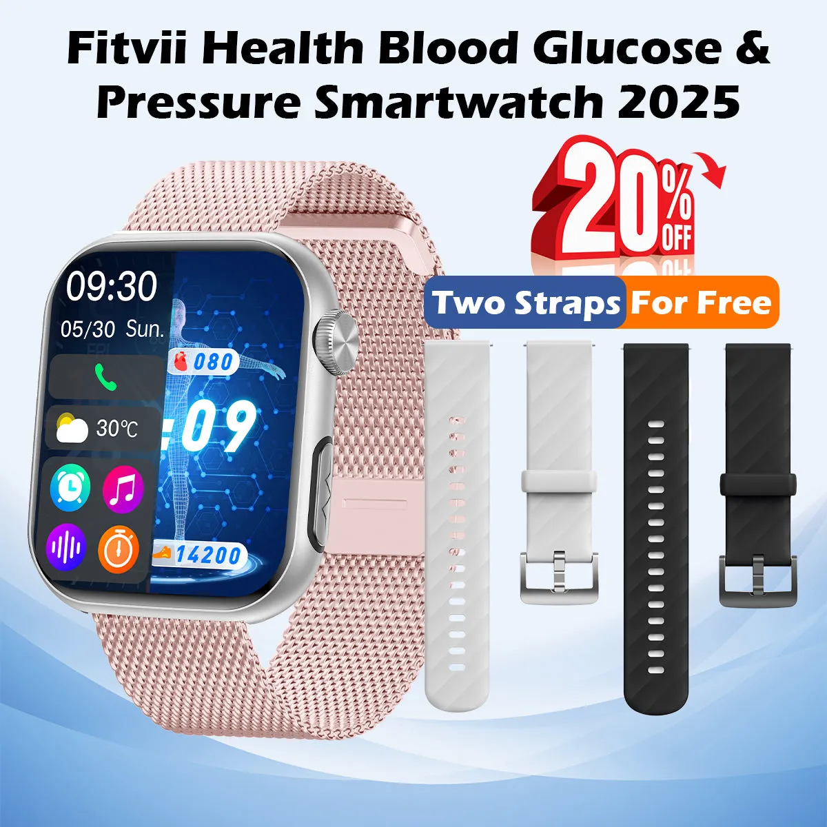 Upgrade FitVII® GT5 PRO MAX Smartwatch with HR BP BG ECG SPO2 TEMP  Stress monitoring   Free Strap Gift🎁