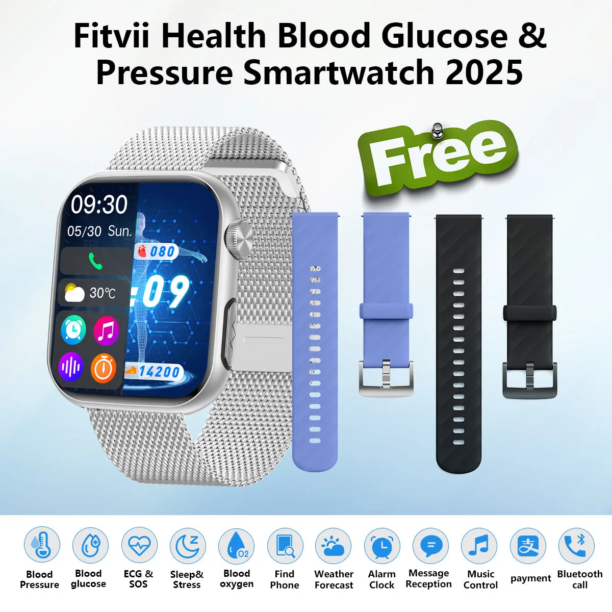 Upgrade FitVII® GT5 PRO MAX Smartwatch with HR BP BG ECG SPO2 TEMP  Stress monitoring   Free Strap Gift🎁