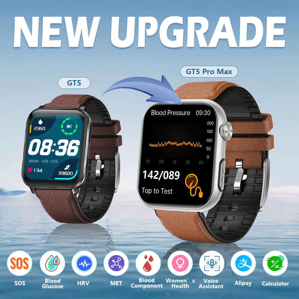 Upgrade FitVII® GT5 PRO MAX Smartwatch with HR BP BG ECG SPO2 TEMP  Stress monitoring   Free Strap Gift🎁