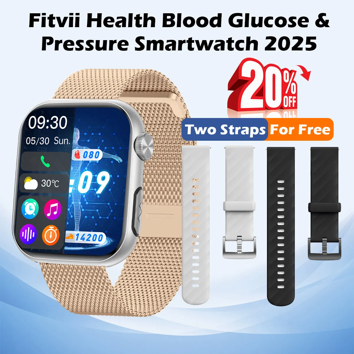 Upgrade FitVII® GT5 PRO MAX Smartwatch with HR BP BG ECG SPO2 TEMP  Stress monitoring   Free Strap Gift🎁