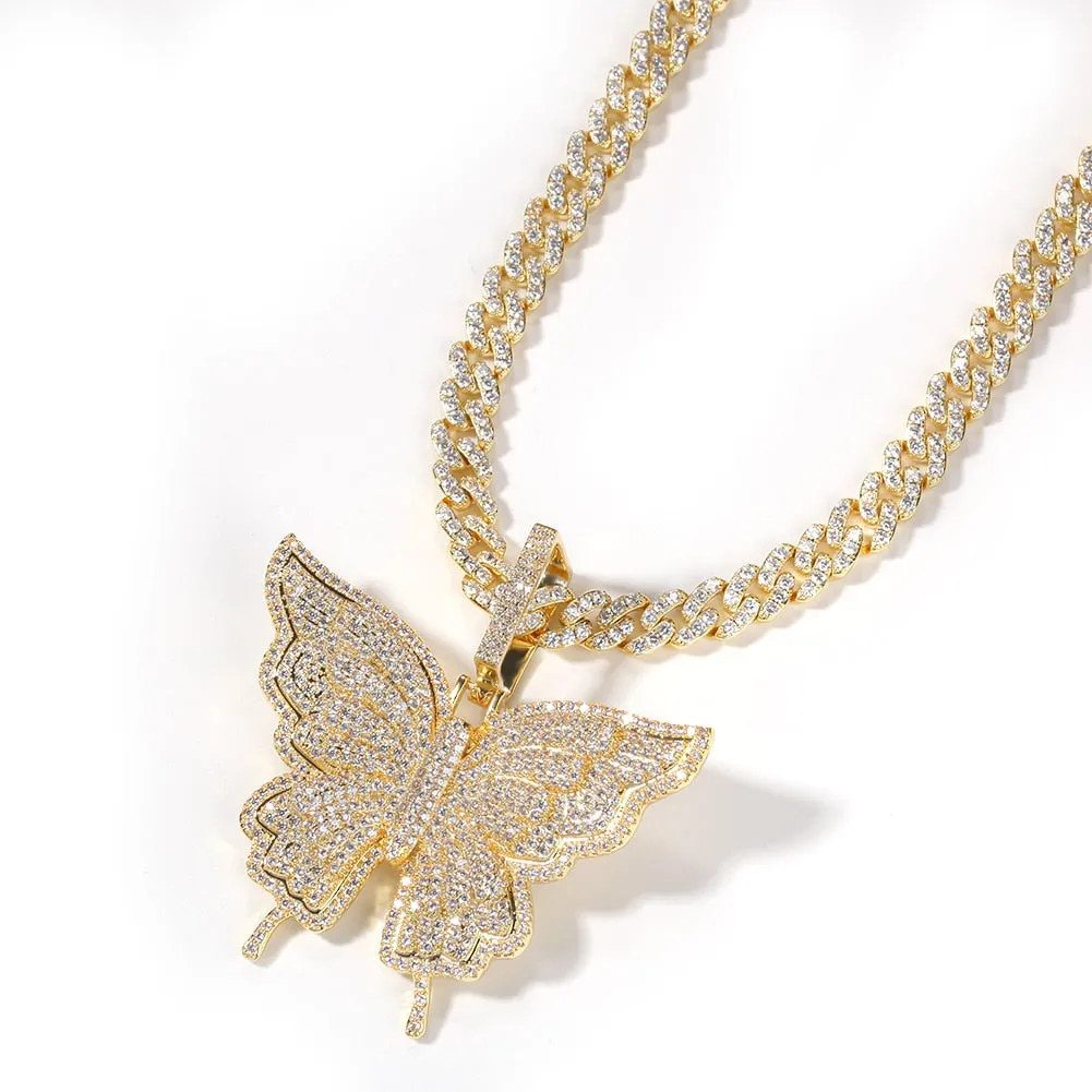 Uwin Butterfly Pink Rosegold CZ Pendant With 9mm Iced Out Cuban Chain Micro Pave Cubic Zircon Necklace Jewelry For Gift