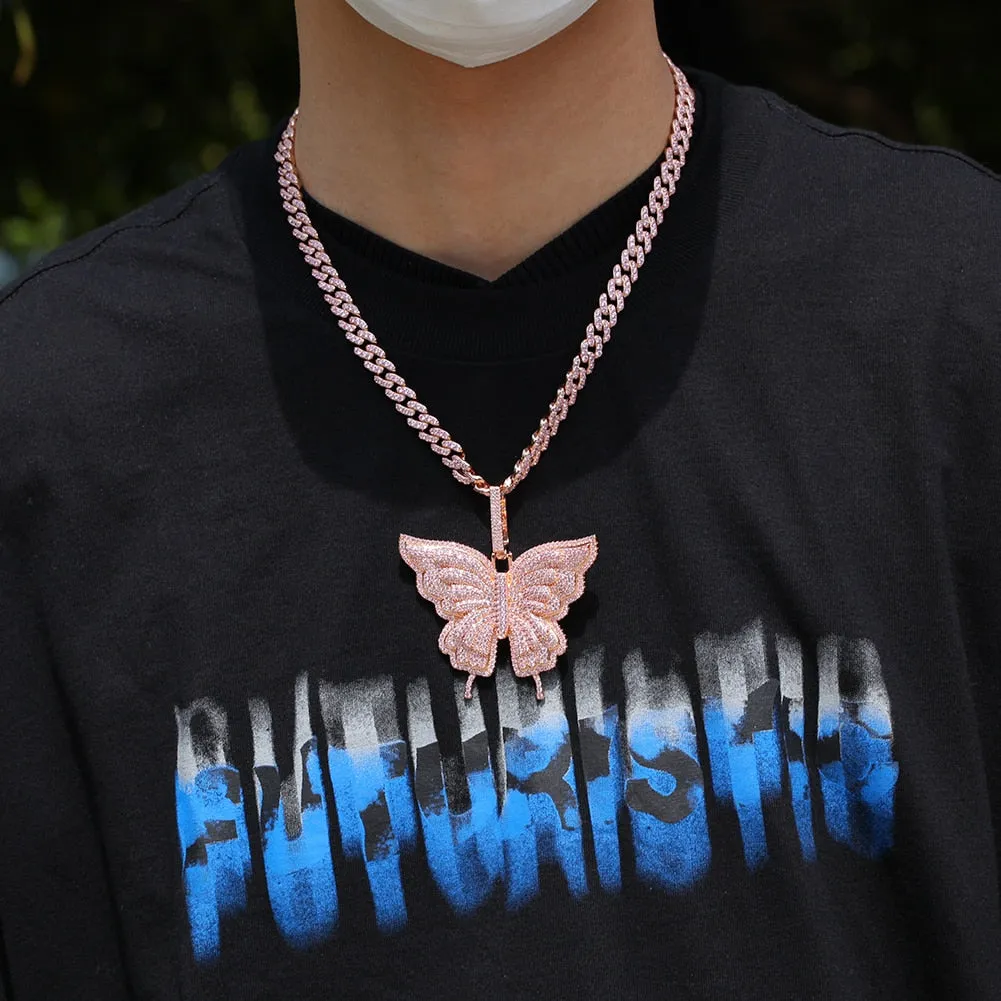 Uwin Butterfly Pink Rosegold CZ Pendant With 9mm Iced Out Cuban Chain Micro Pave Cubic Zircon Necklace Jewelry For Gift