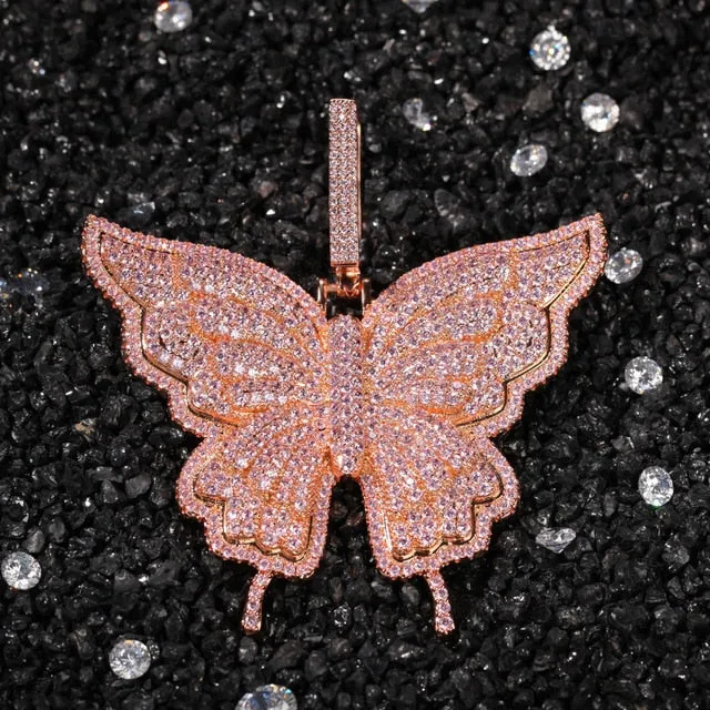 Uwin Butterfly Pink Rosegold CZ Pendant With 9mm Iced Out Cuban Chain Micro Pave Cubic Zircon Necklace Jewelry For Gift