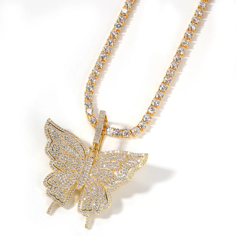 Uwin Butterfly Pink Rosegold CZ Pendant With 9mm Iced Out Cuban Chain Micro Pave Cubic Zircon Necklace Jewelry For Gift