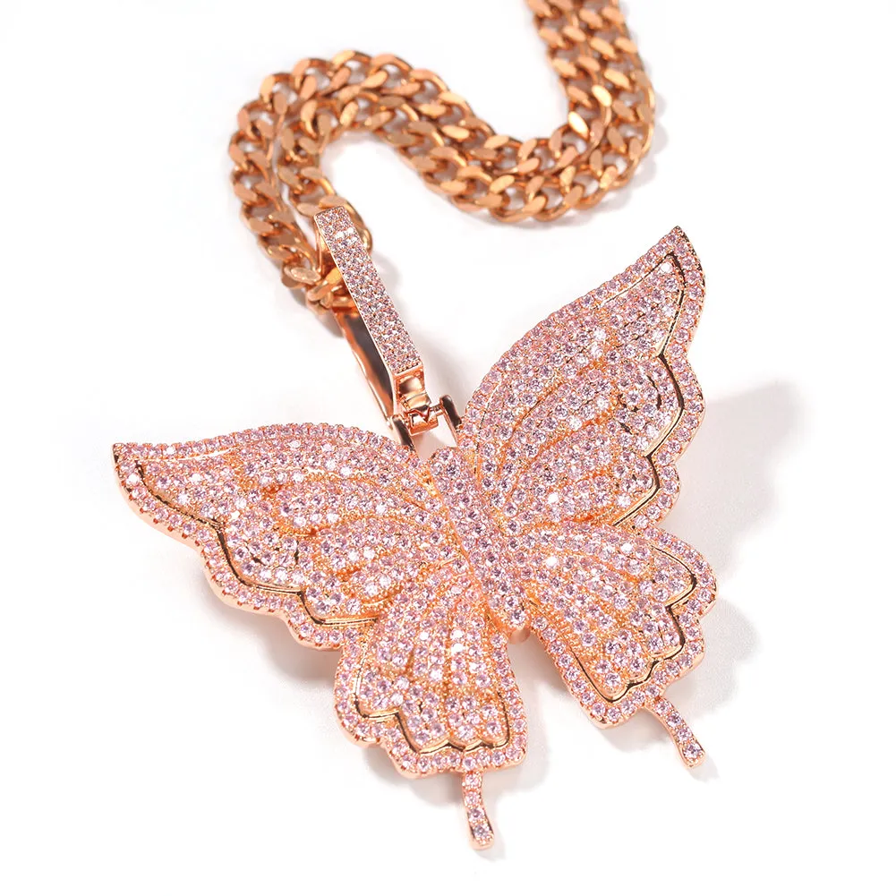 Uwin Butterfly Pink Rosegold CZ Pendant With 9mm Iced Out Cuban Chain Micro Pave Cubic Zircon Necklace Jewelry For Gift