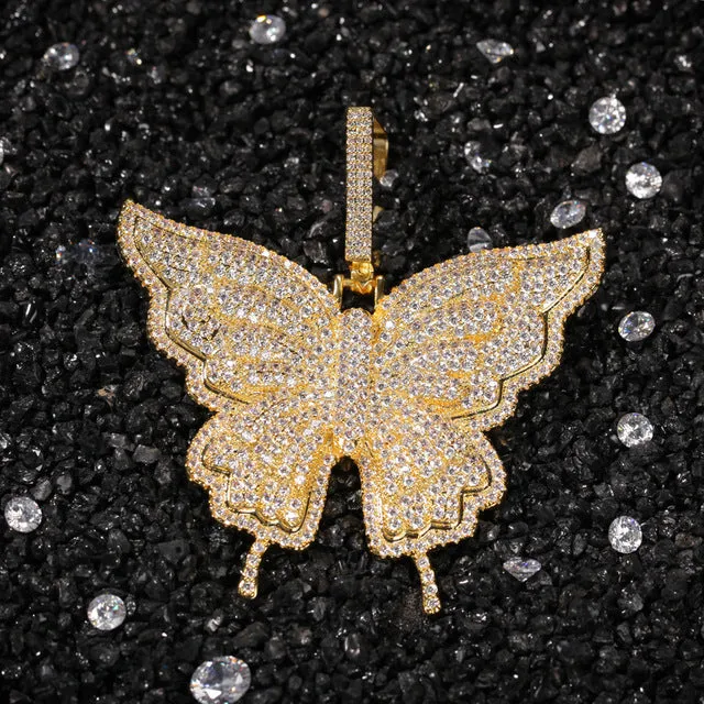 Uwin Butterfly Pink Rosegold CZ Pendant With 9mm Iced Out Cuban Chain Micro Pave Cubic Zircon Necklace Jewelry For Gift