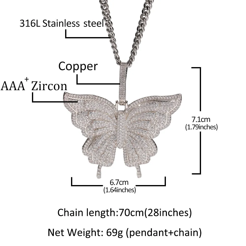 Uwin Butterfly Pink Rosegold CZ Pendant With 9mm Iced Out Cuban Chain Micro Pave Cubic Zircon Necklace Jewelry For Gift