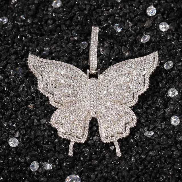 Uwin Butterfly Pink Rosegold CZ Pendant With 9mm Iced Out Cuban Chain Micro Pave Cubic Zircon Necklace Jewelry For Gift