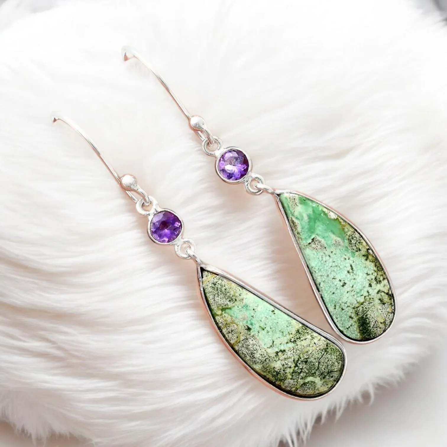 Variscite & Amethyst Solid 925 Sterling Silver Earrings