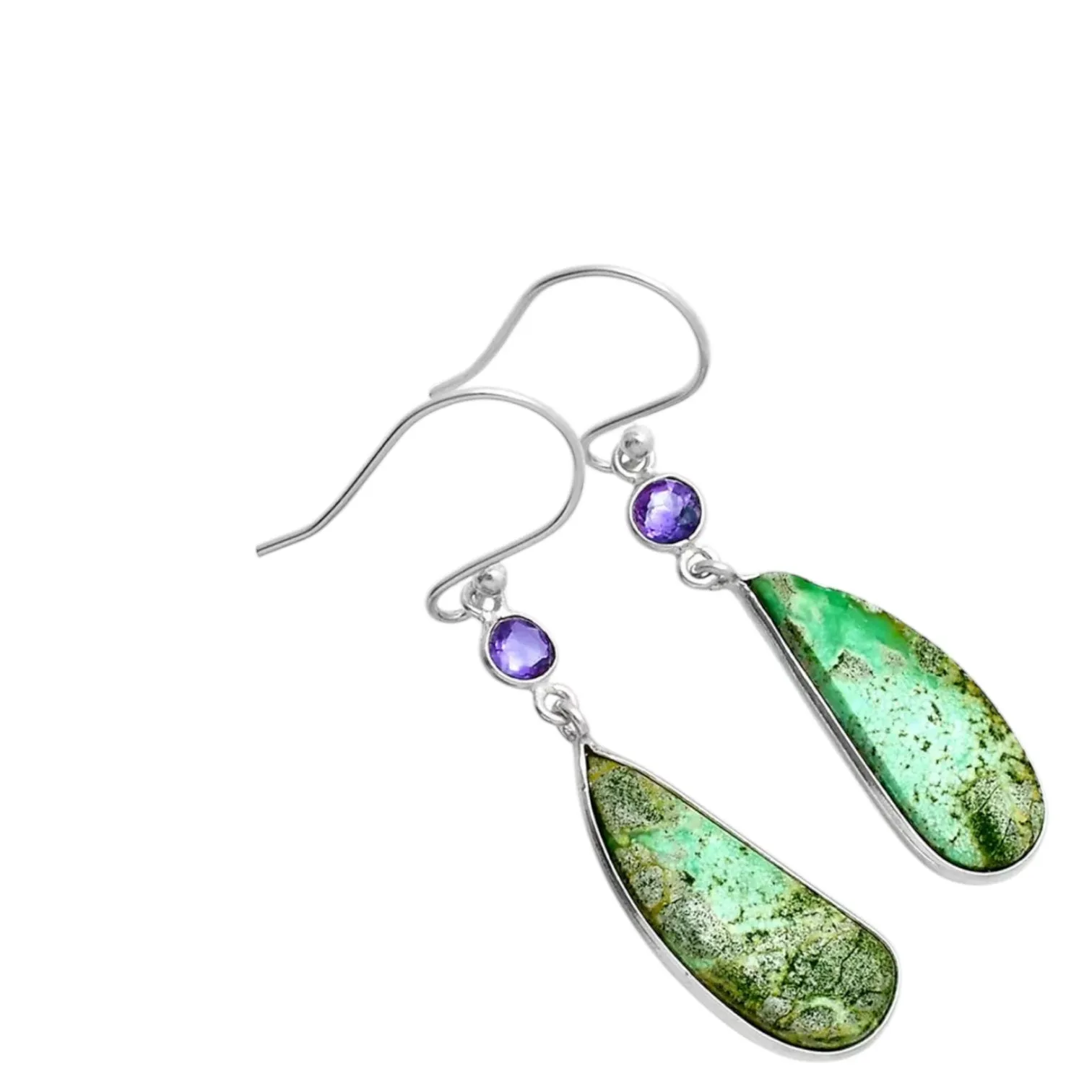 Variscite & Amethyst Solid 925 Sterling Silver Earrings