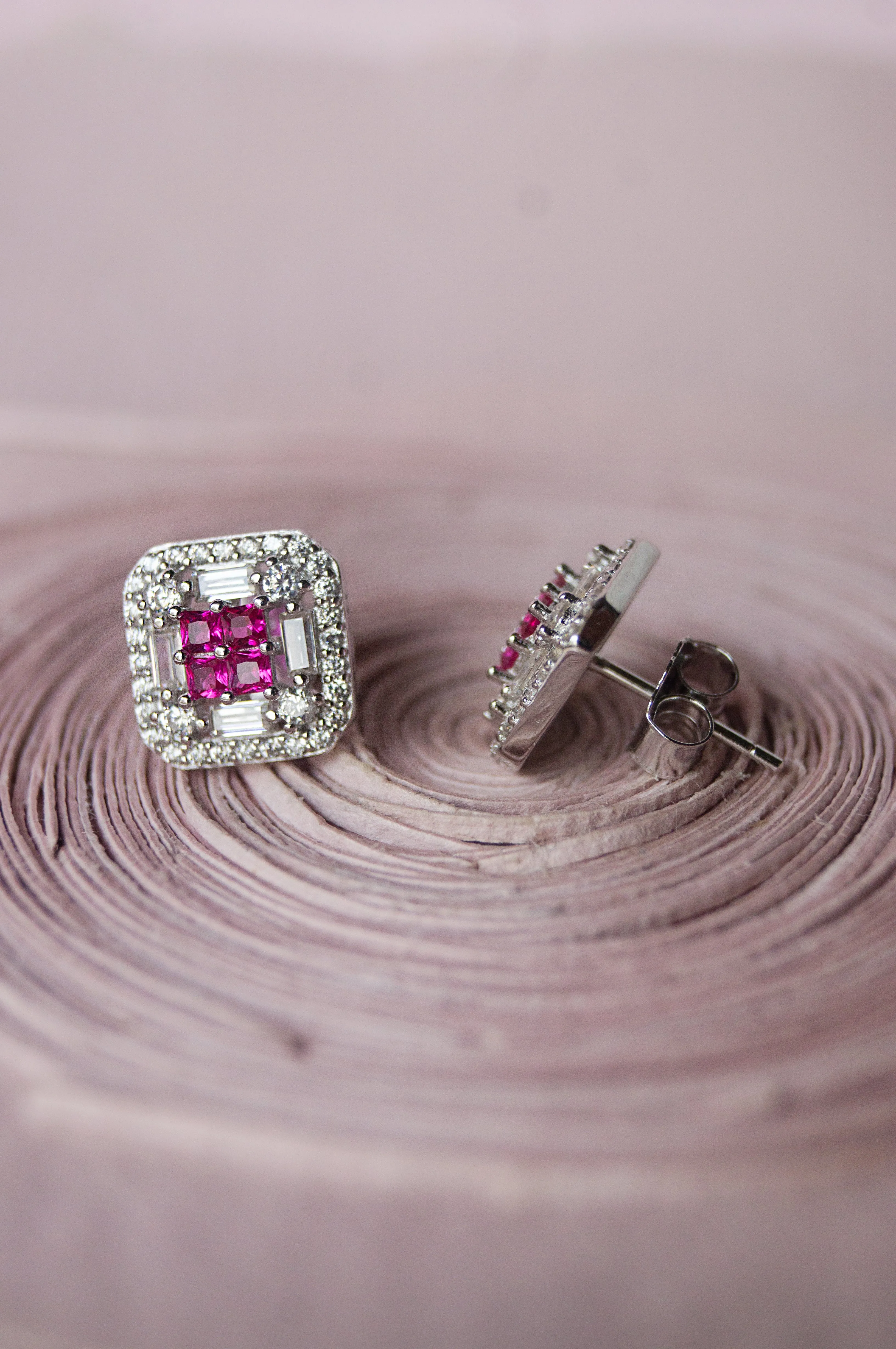 Vibrant Square Colorstone Statement Sterling Silver Stud Earrings - Red