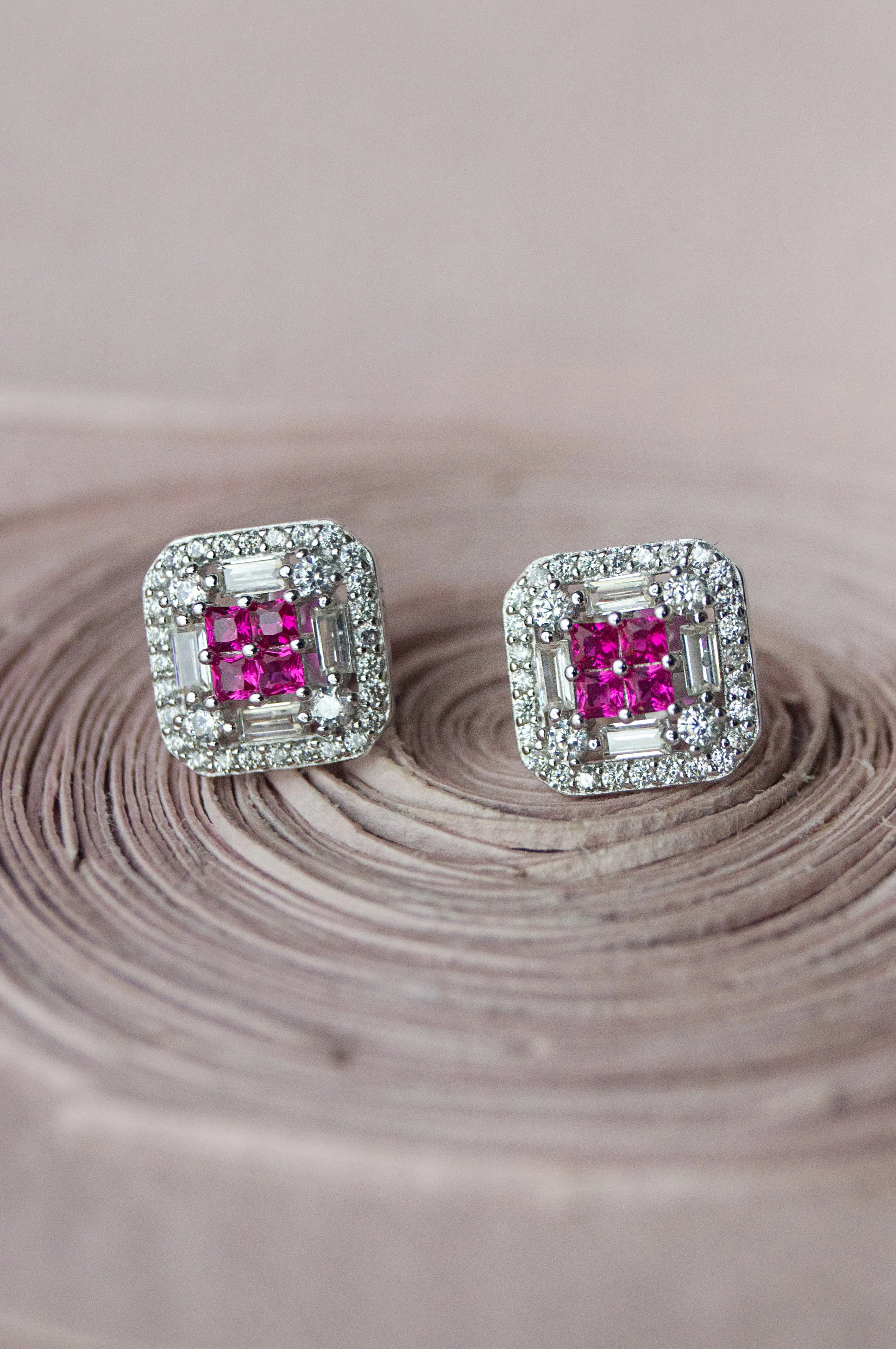 Vibrant Square Colorstone Statement Sterling Silver Stud Earrings - Red