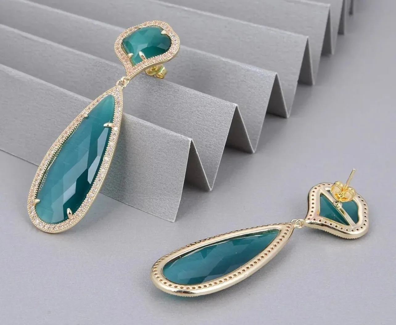 Vibrant Teal Cat’s Eye Gemstone Statement Earrings 2.5”