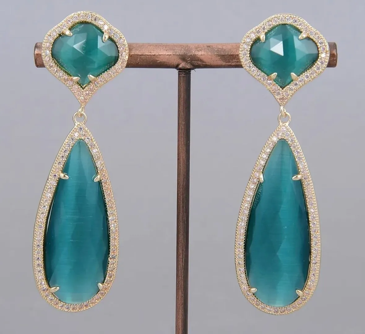Vibrant Teal Cat’s Eye Gemstone Statement Earrings 2.5”