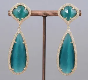 Vibrant Teal Cat’s Eye Gemstone Statement Earrings 2.5”