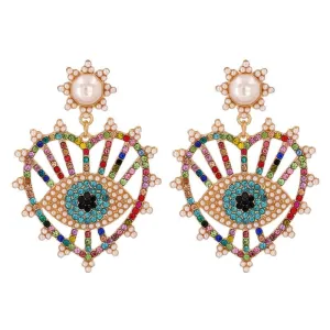 Vintage Heart-Shaped Evil Eye Drop Earrings: Colorful Statement Jewelry for Trendy Women