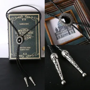 Vintage Mens Long Chain Leather Tie Necklace Black Opal Pendant Dance Rodeo Western Cowboy Party Accessories