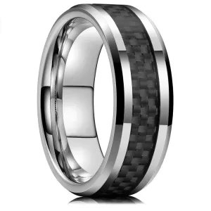 Vintage Silver Color Titanium Stainless Steel Rings Black Carbon Fiber Ring Jewelry