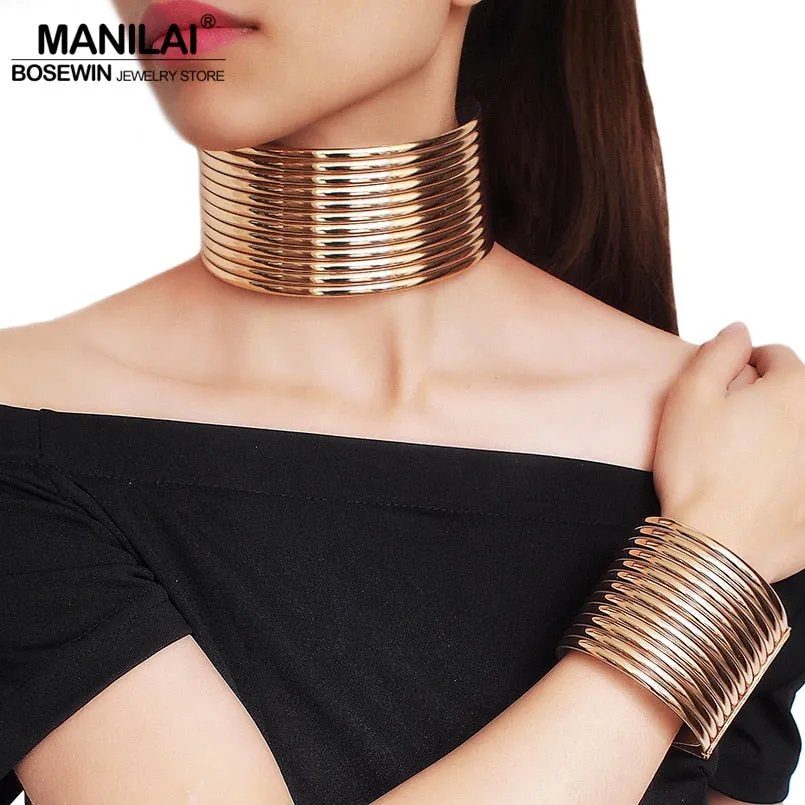 Vintage Statement Choker Necklace Sets Women African Jewelry Chunky Leather Collar Necklace Bracelets Set Adjustable
