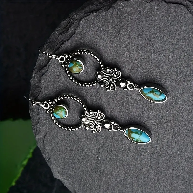 Vintage Turquoise Inlay Earrings Charm Jewelry