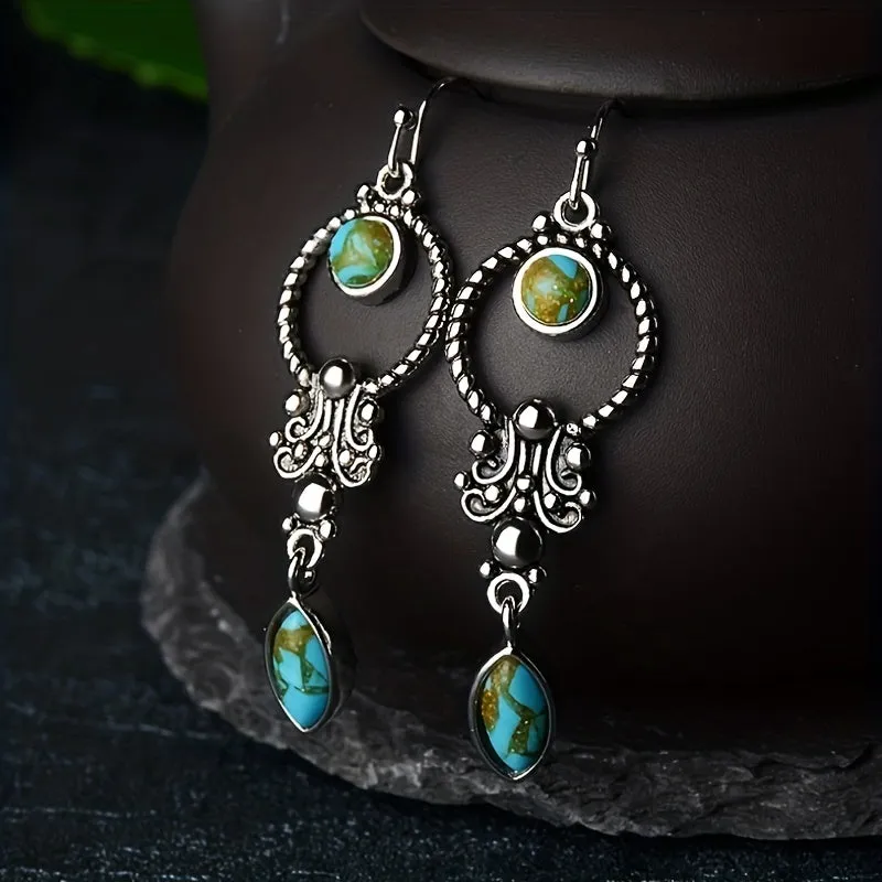 Vintage Turquoise Inlay Earrings Charm Jewelry