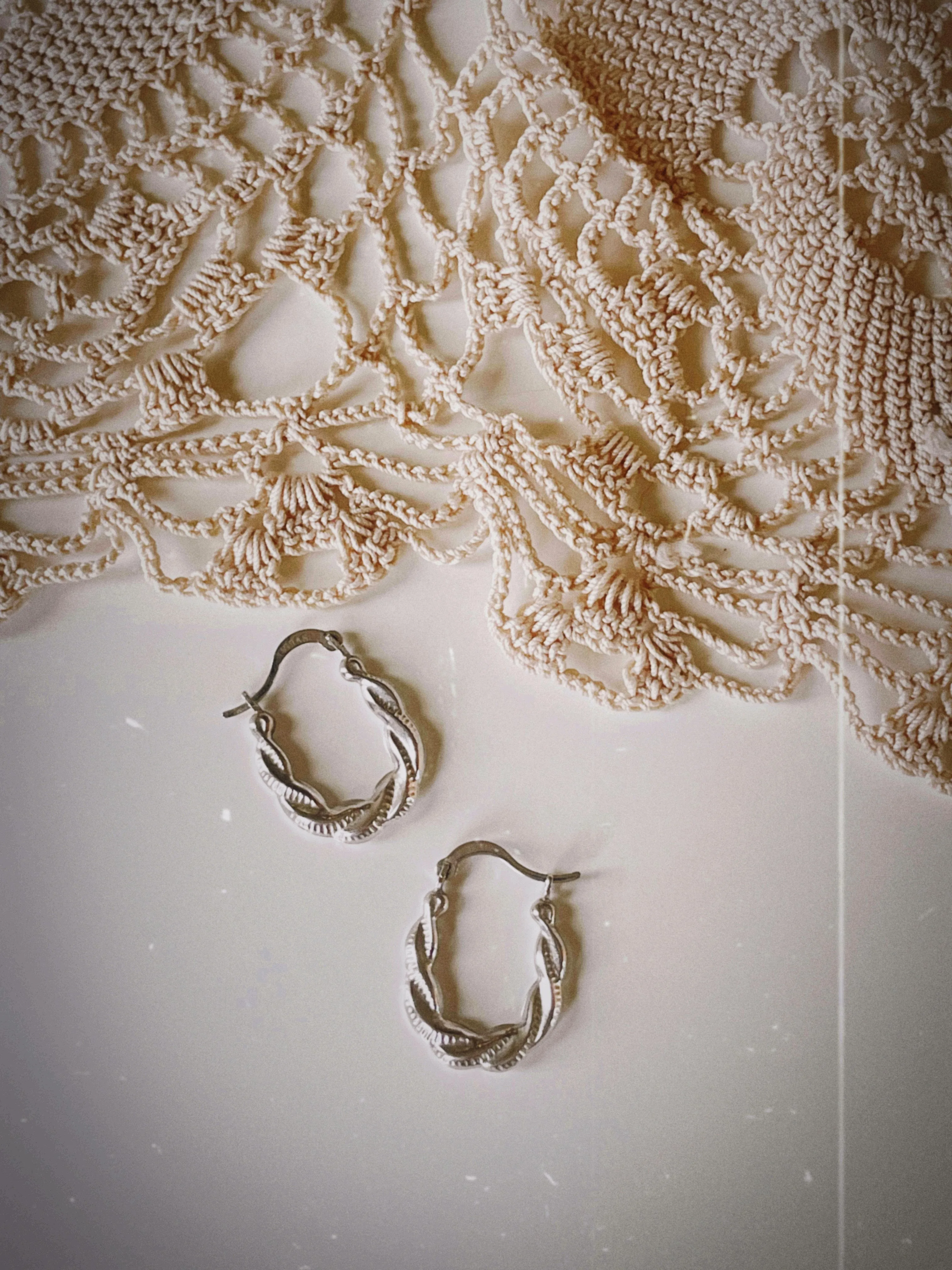 Vintage White Gold Twisted Hoop Earrings