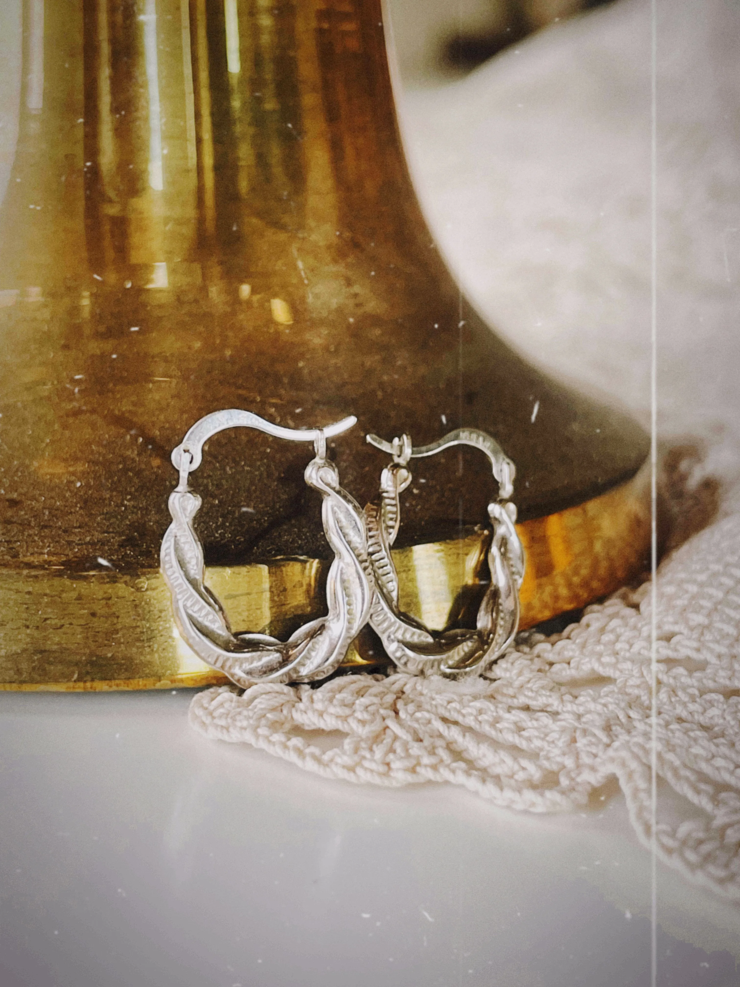 Vintage White Gold Twisted Hoop Earrings