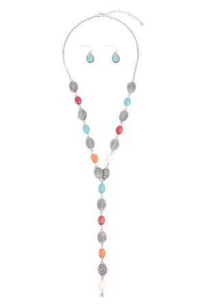 WESTERN CONCHO SEMI STONE LARIAT Y NECKLACE AND EARRING SET