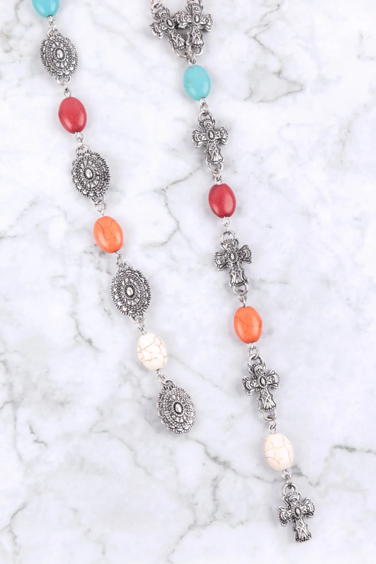WESTERN CONCHO SEMI STONE LARIAT Y NECKLACE AND EARRING SET