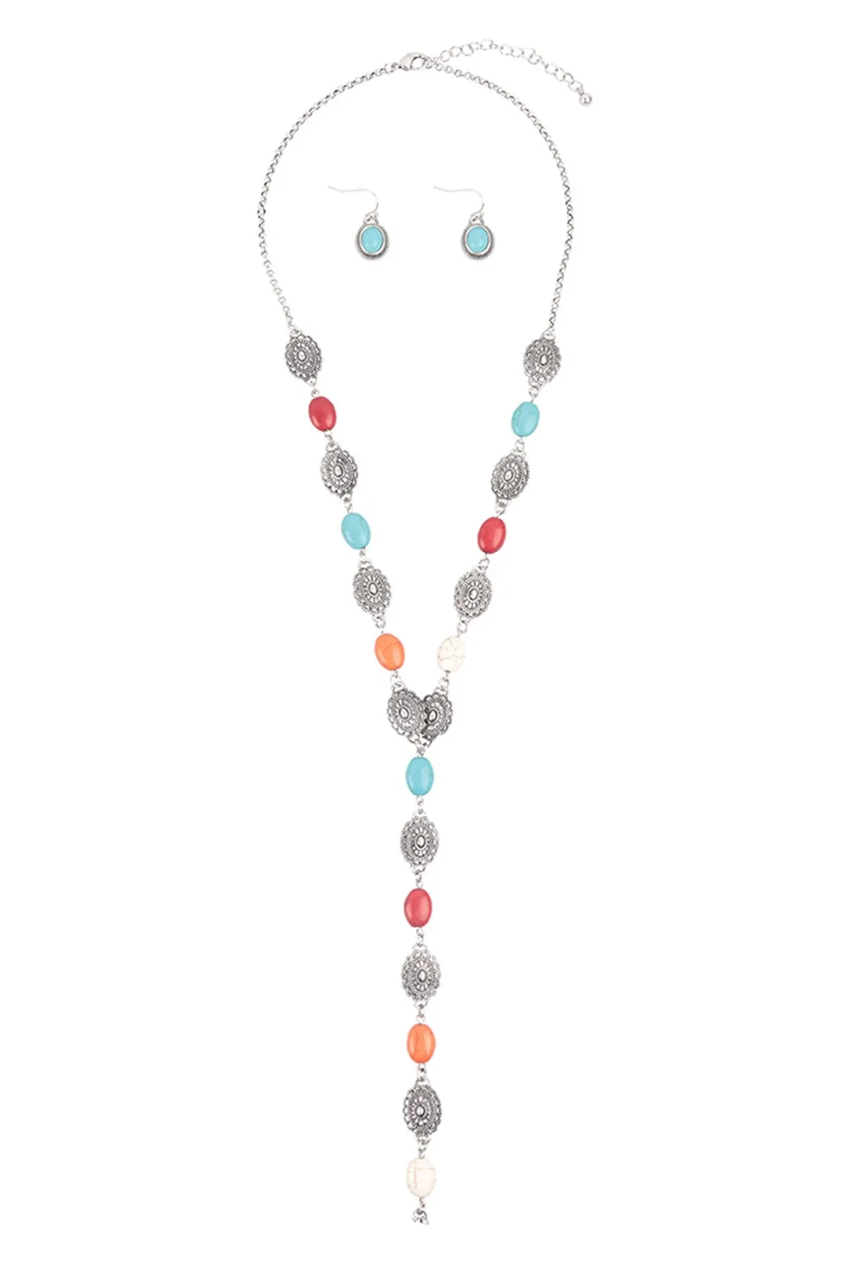 WESTERN CONCHO SEMI STONE LARIAT Y NECKLACE AND EARRING SET