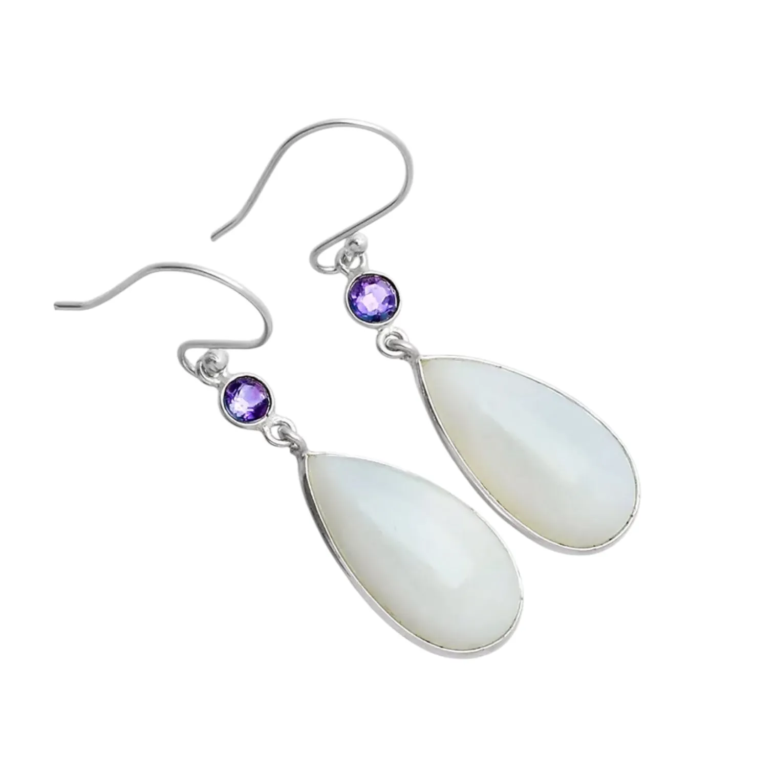White Opal & Amethyst Solid 925 Sterling Silver Earrings