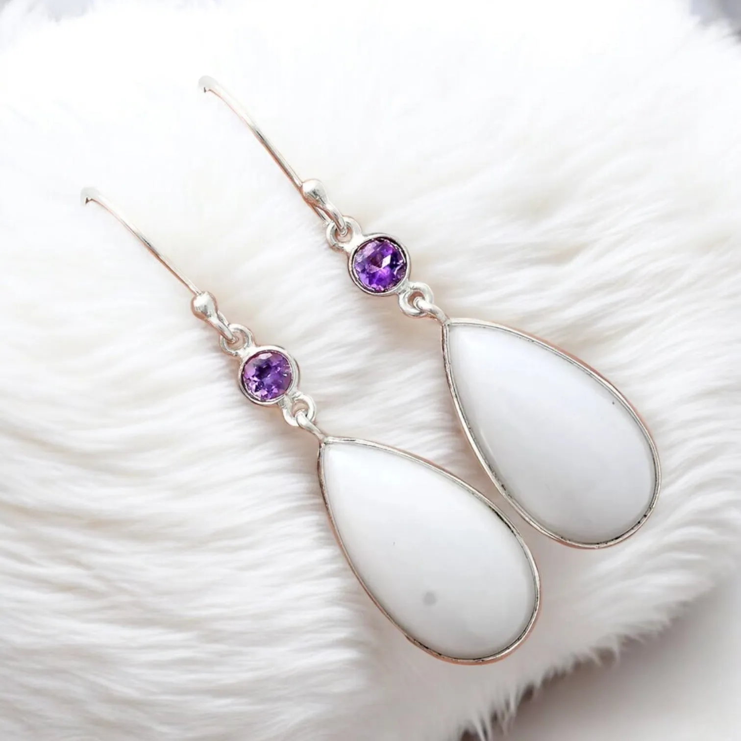 White Opal & Amethyst Solid 925 Sterling Silver Earrings