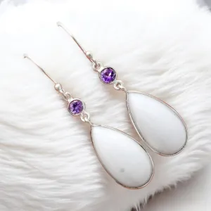 White Opal & Amethyst Solid 925 Sterling Silver Earrings