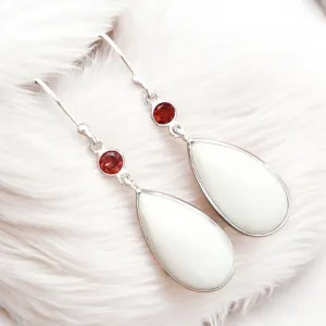 White Opal & Garnet Solid 925 Sterling Silver Earrings