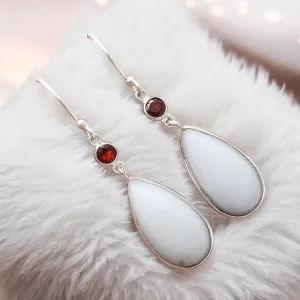 White Opal & Garnet Solid 925 Sterling Silver Earrings