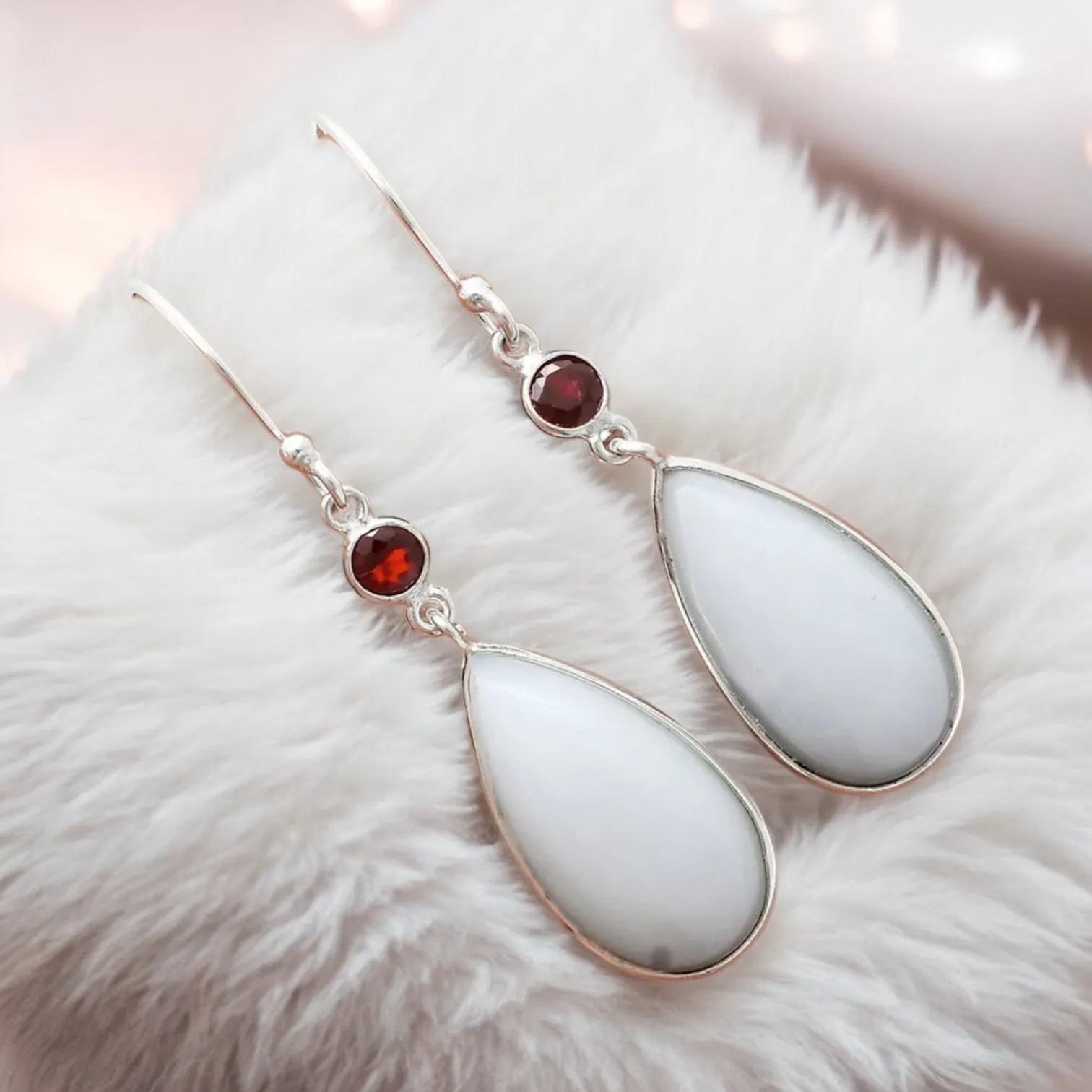 White Opal & Garnet Solid 925 Sterling Silver Earrings