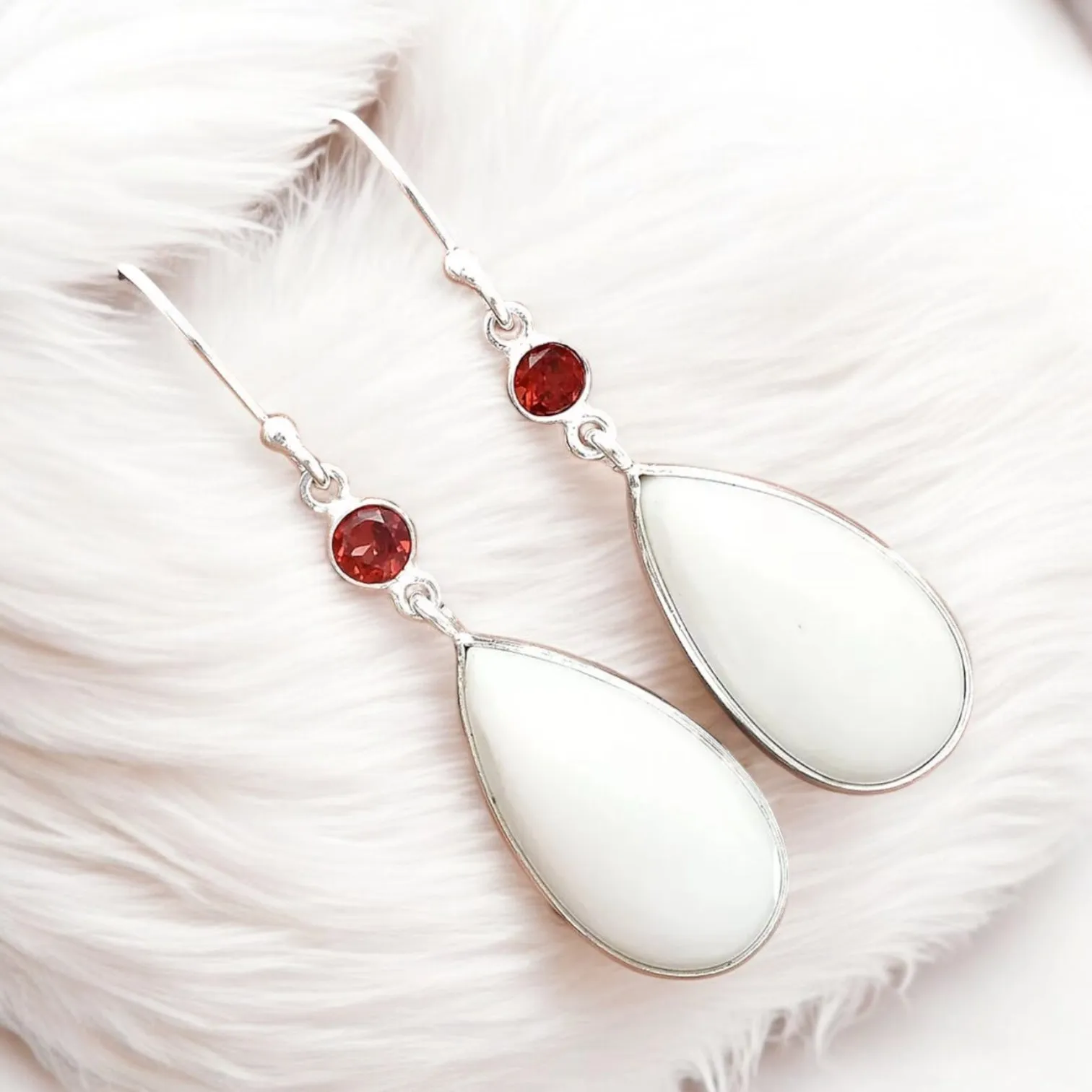 White Opal & Garnet Solid 925 Sterling Silver Earrings