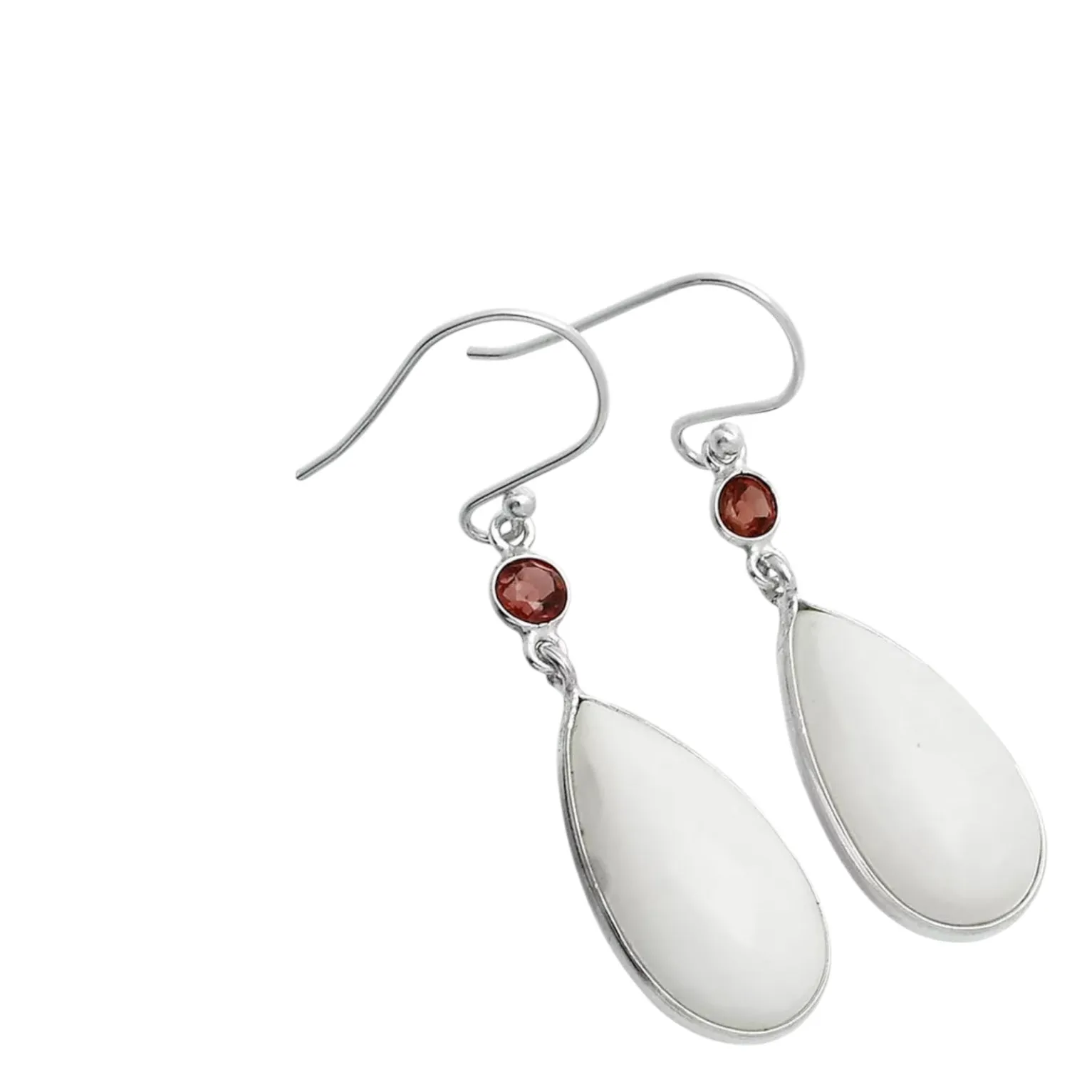White Opal & Garnet Solid 925 Sterling Silver Earrings