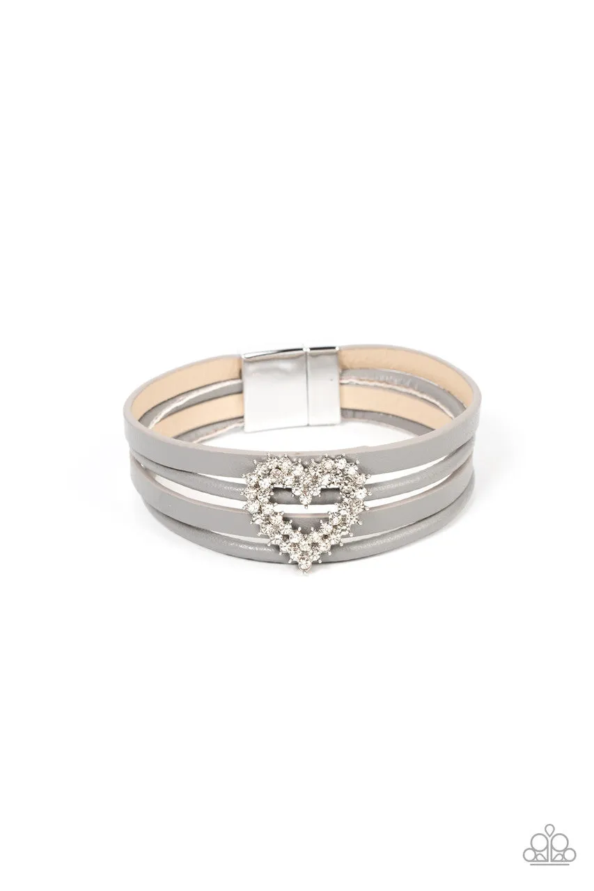 Wildly in Love - Silver - White Rhinestone Heart Gray Leather Paparazzi Magnetic Bracelet
