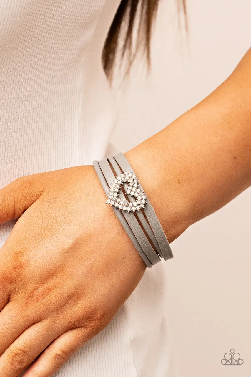 Wildly in Love - Silver - White Rhinestone Heart Gray Leather Paparazzi Magnetic Bracelet