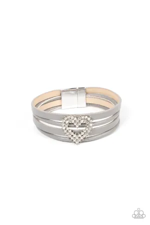 Wildly in Love - Silver - White Rhinestone Heart Gray Leather Paparazzi Magnetic Bracelet