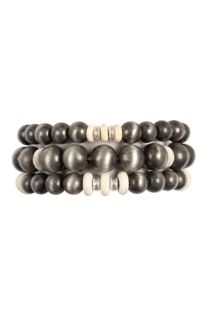 WOOD BEAD WITH NATURAL STONE LAYERED BRACELET SET